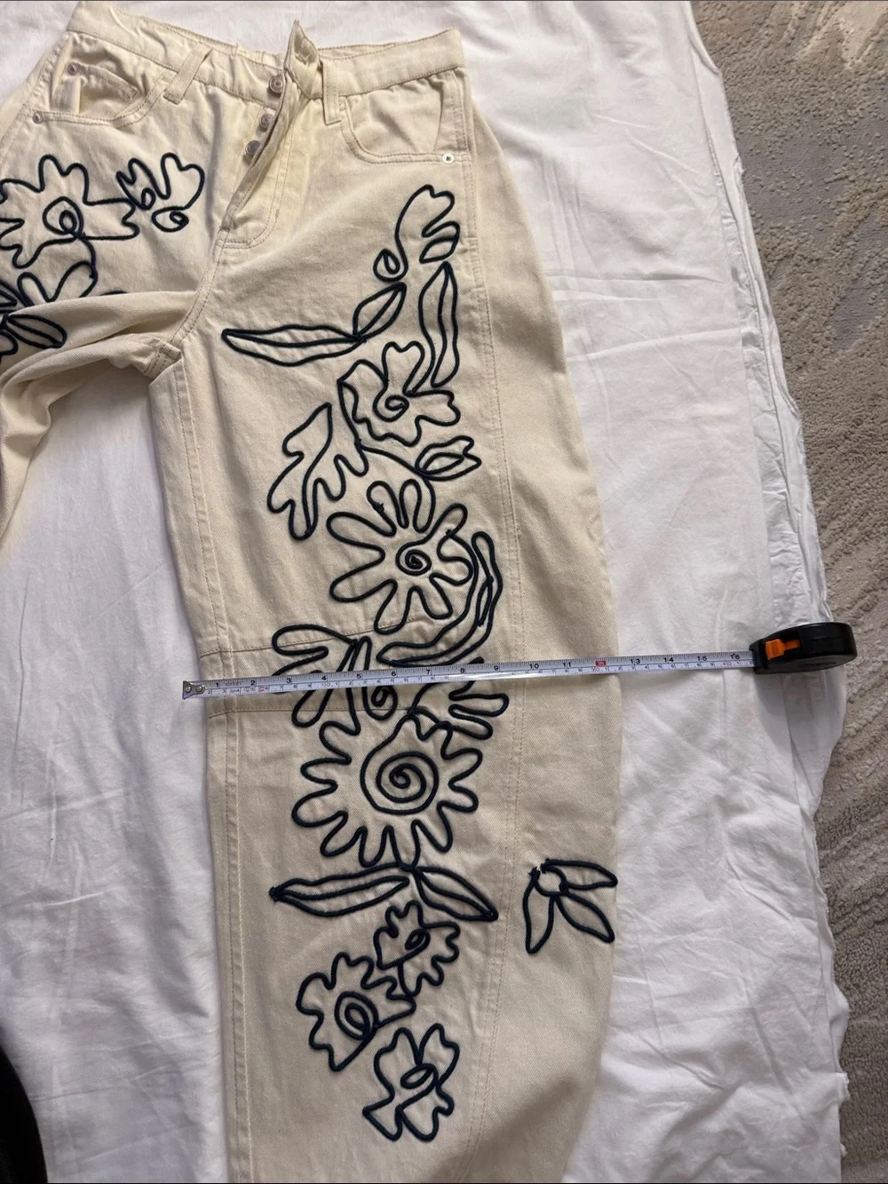 We The Free Cream Jeans with Black Floral Outline Embroidery - Picture 6 of 16